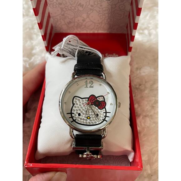 Sanrio Hello Kitty Analogue Rhinestone Black Leather Strap Wrist Watch NEW - Picture 1 of 10